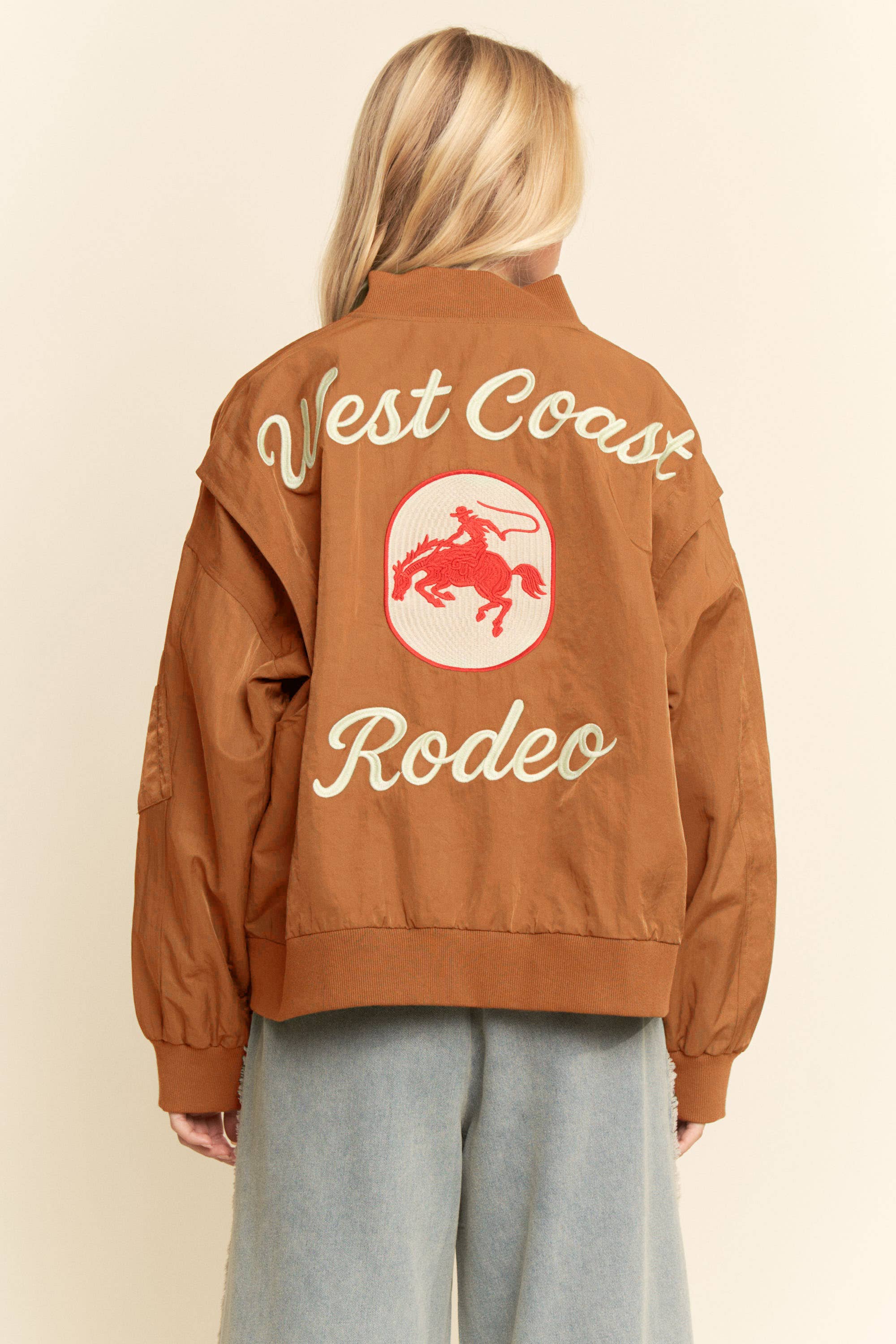 WEST COAST RODEO EMBROIDERED BOMBER JACKET: Pink / L