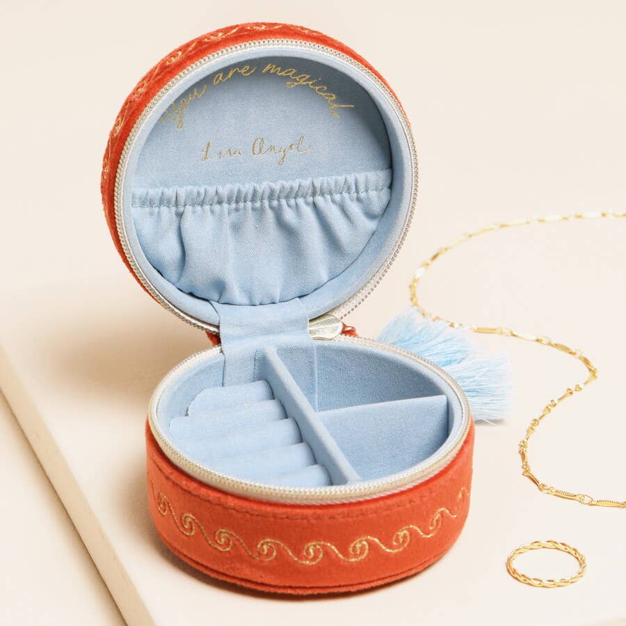 Lisa Angel (US Duties Paid) - Rust Celestial Velvet Mini Round Travel Jewellery Case