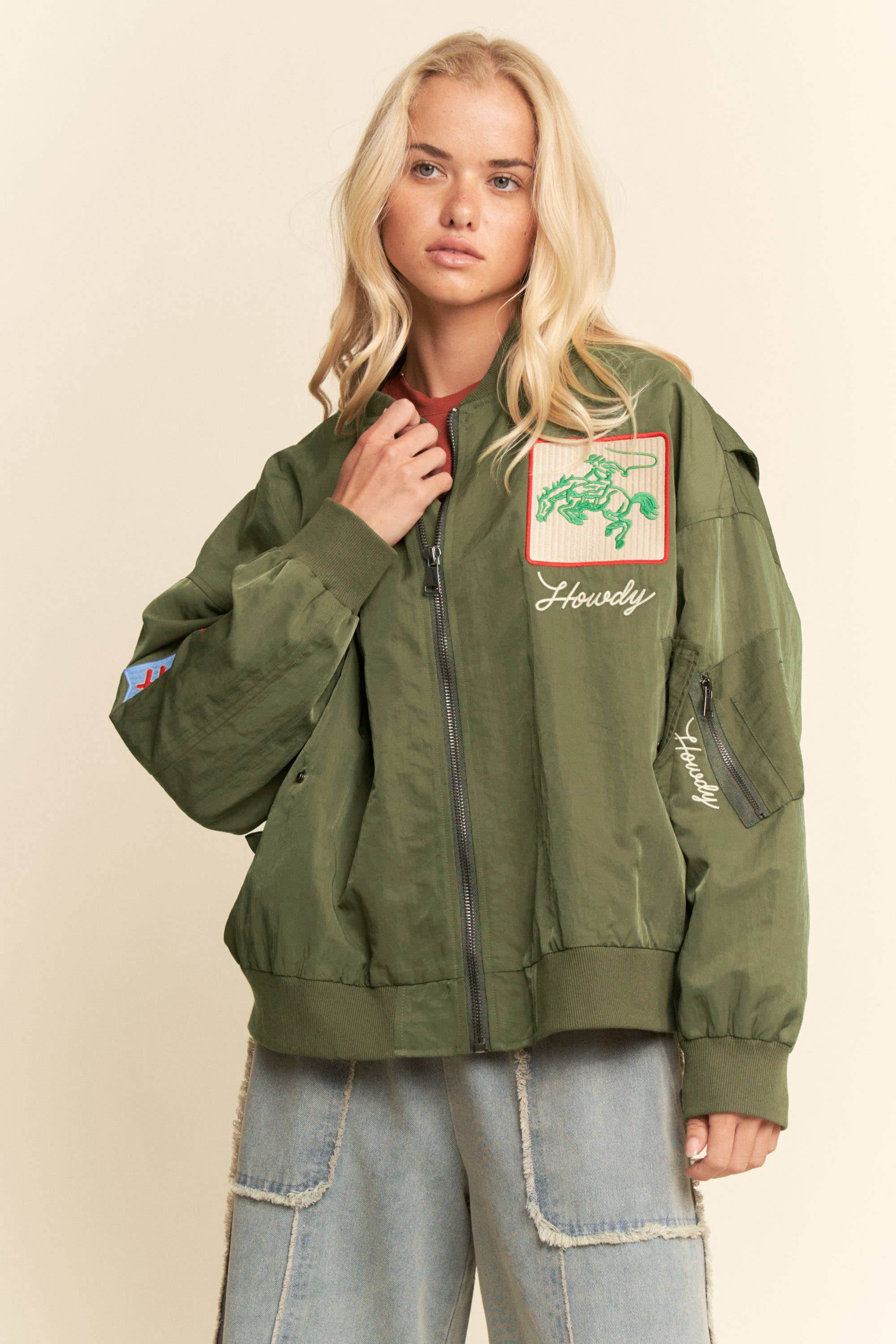 WEST COAST RODEO EMBROIDERED BOMBER JACKET: Pink / L