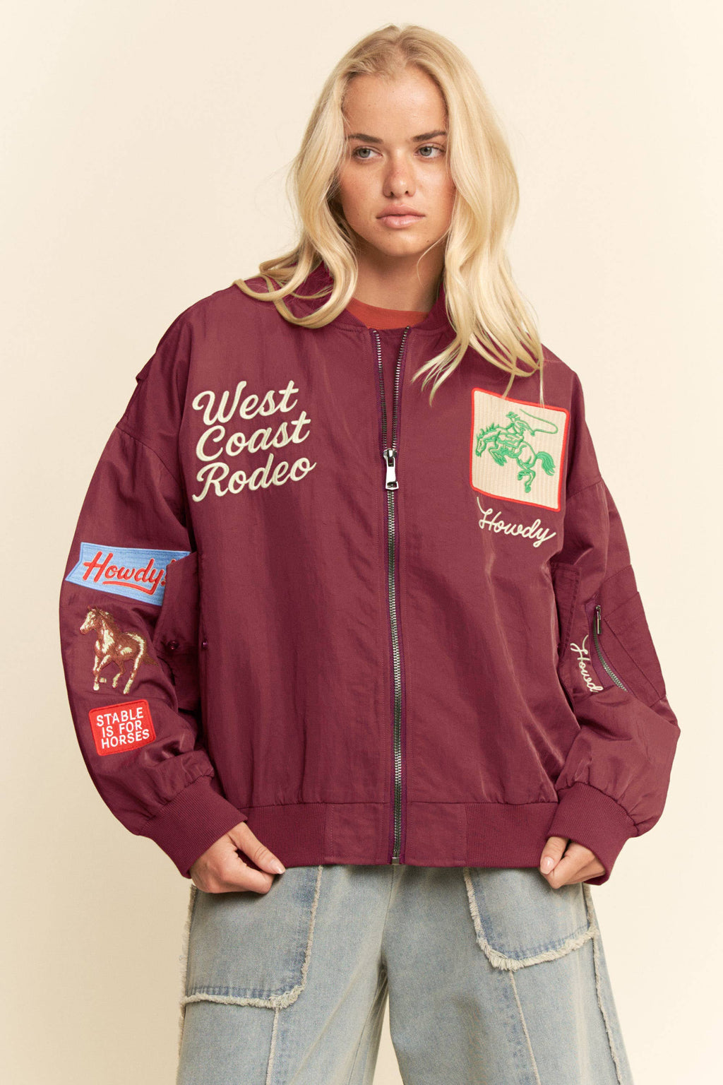 WEST COAST RODEO EMBROIDERED BOMBER JACKET: Pink / L