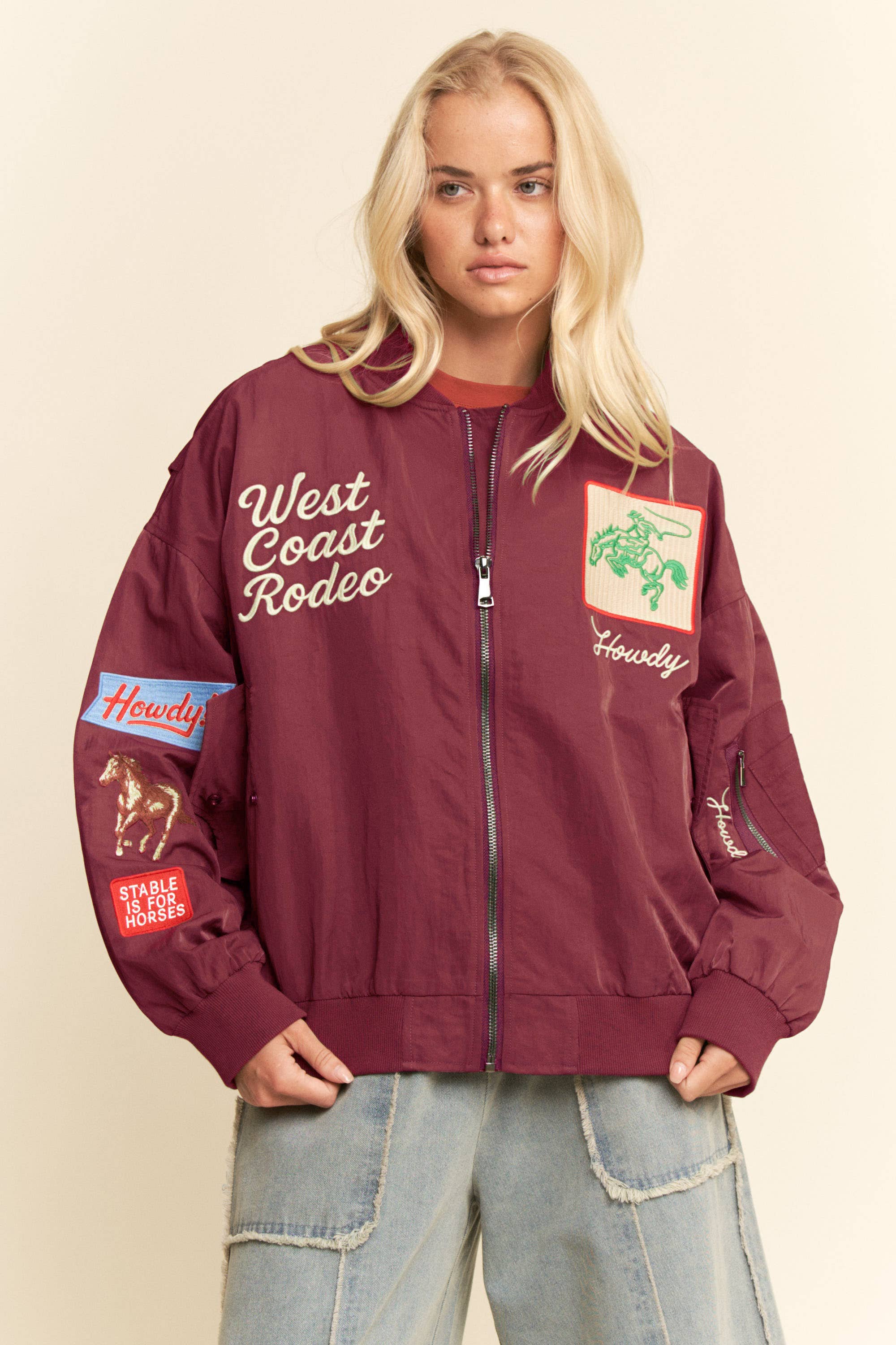 WEST COAST RODEO EMBROIDERED BOMBER JACKET: Pink / L