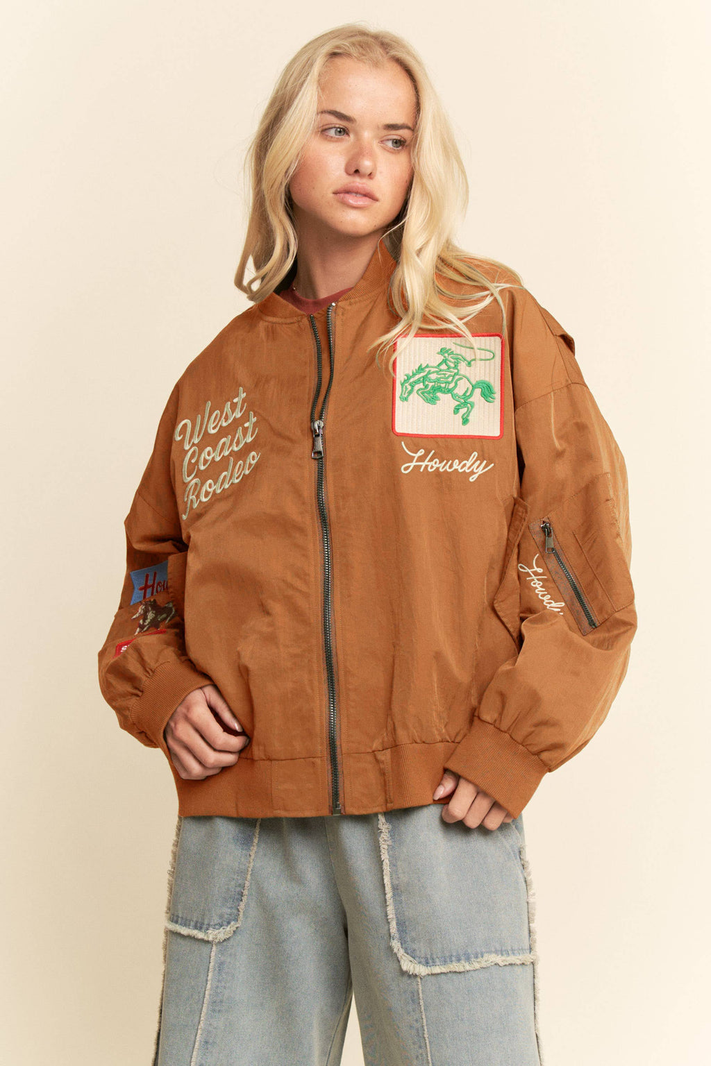 WEST COAST RODEO EMBROIDERED BOMBER JACKET: Pink / L