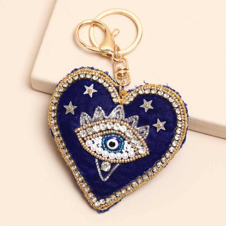 Lisa Angel (US Duties Paid) - Beaded Blue Evil Eye Heart Keyring and Bag Charm