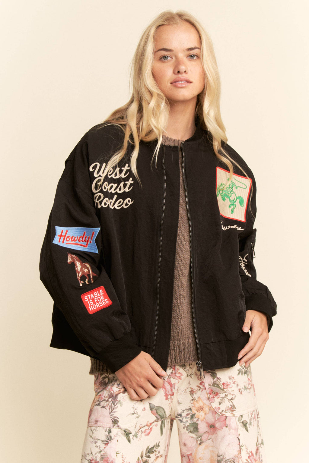 WEST COAST RODEO EMBROIDERED BOMBER JACKET: Pink / L