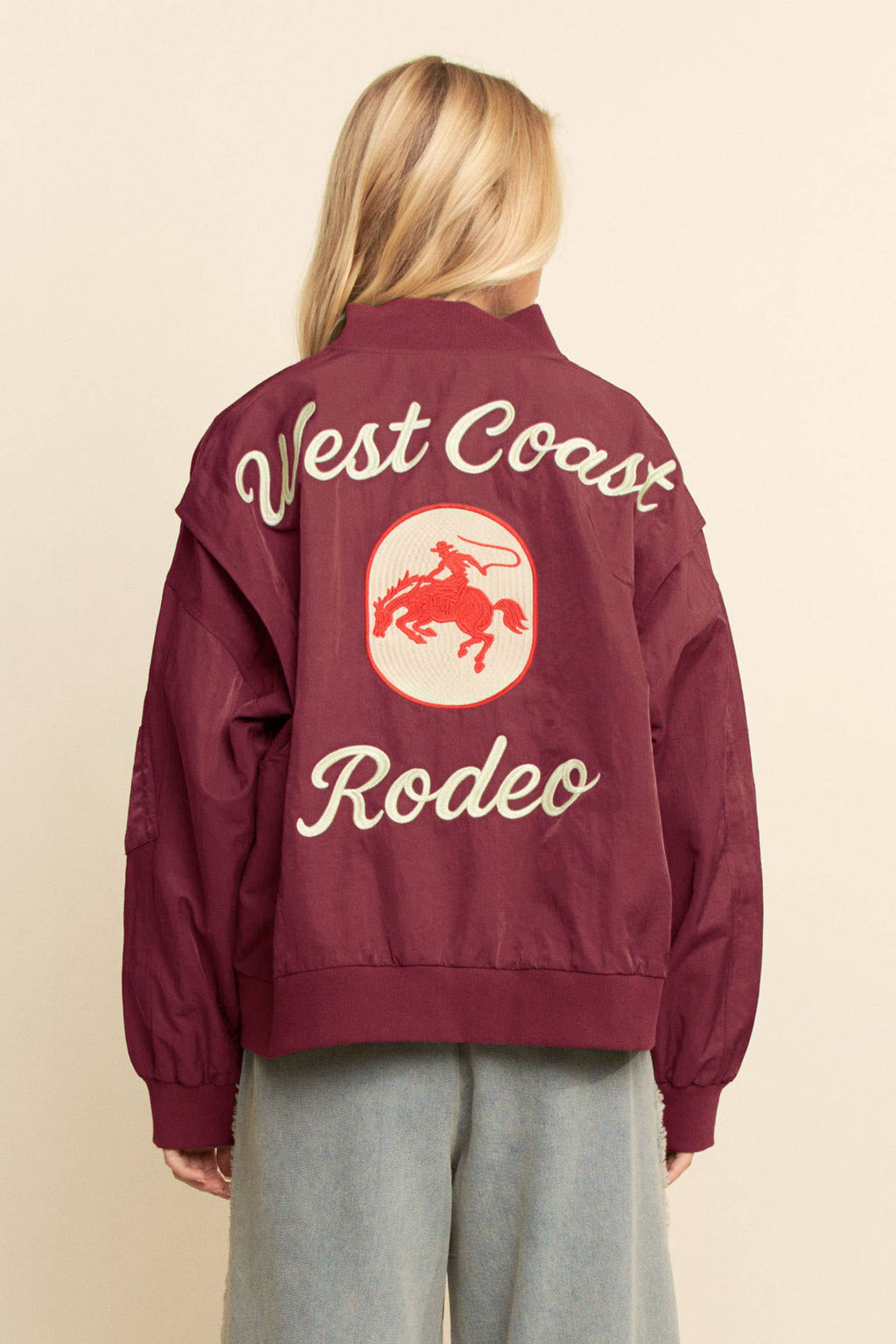 WEST COAST RODEO EMBROIDERED BOMBER JACKET: Pink / L