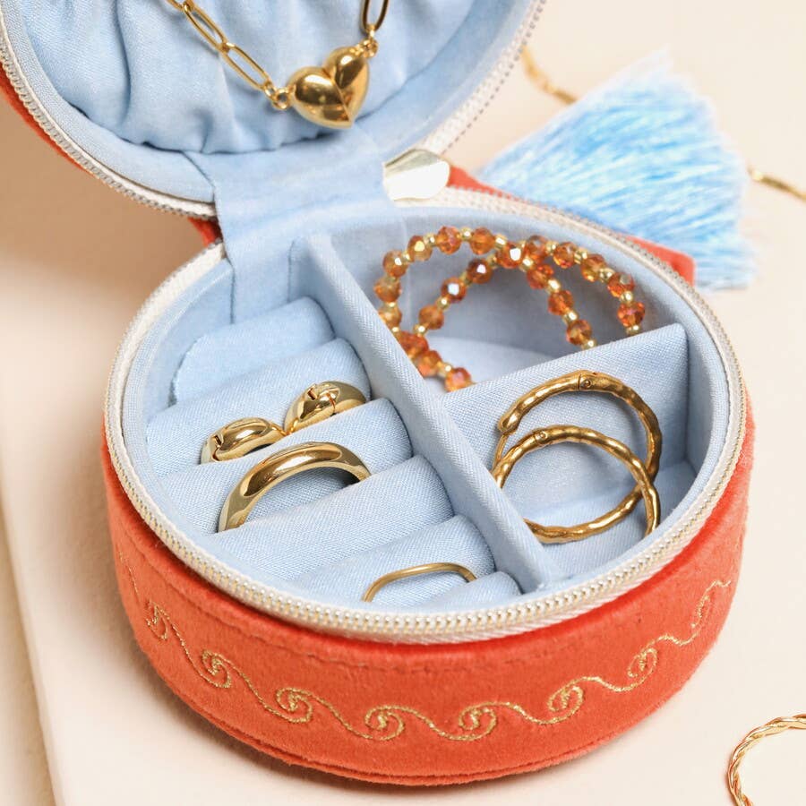 Lisa Angel (US Duties Paid) - Rust Celestial Velvet Mini Round Travel Jewellery Case