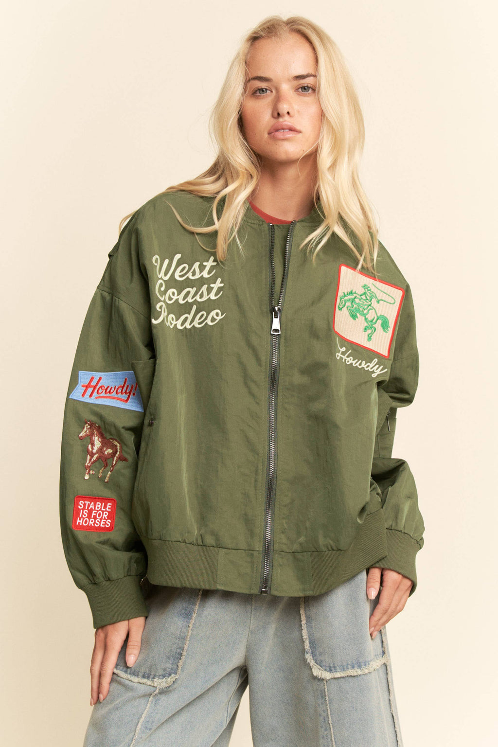 WEST COAST RODEO EMBROIDERED BOMBER JACKET: Pink / L